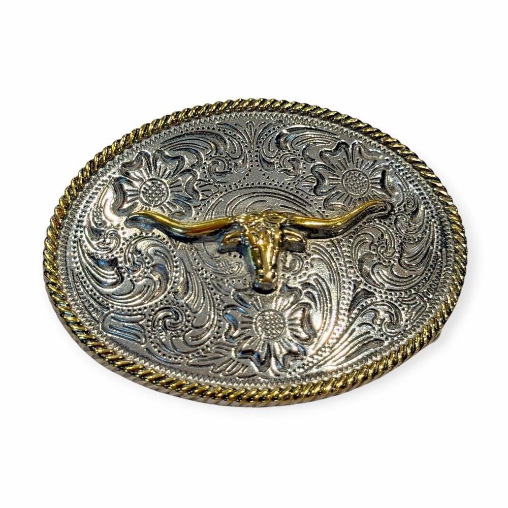 Longhorn Belt Buckle Gold Silver Western Americana Vintage Rodeo Cowboy Unisex